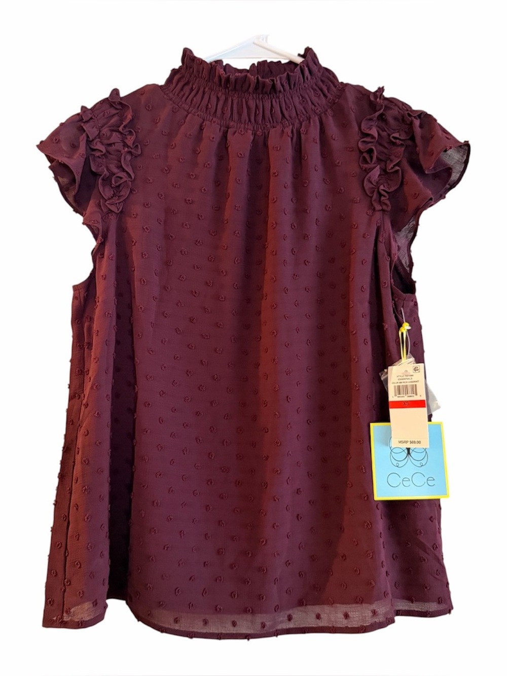 CeCe Cabernet Swiss Dot Ruffled Mock Neck Short Sleeve Preppy Blouse Size XS NWT